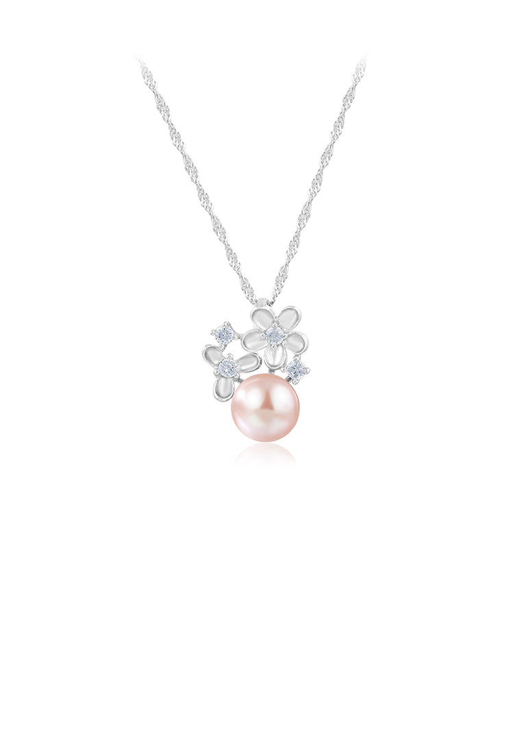925 Sterling Silver Fashion and Elegant Flower Purple Freshwater Pearl Pendant with Cubic Zirconia and Necklace - Luxurious Look