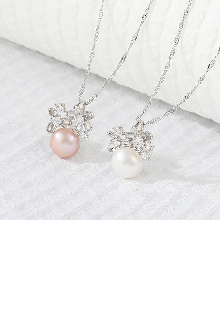 925 Sterling Silver Fashion and Elegant Flower Purple Freshwater Pearl Pendant with Cubic Zirconia and Necklace - Luxurious Look