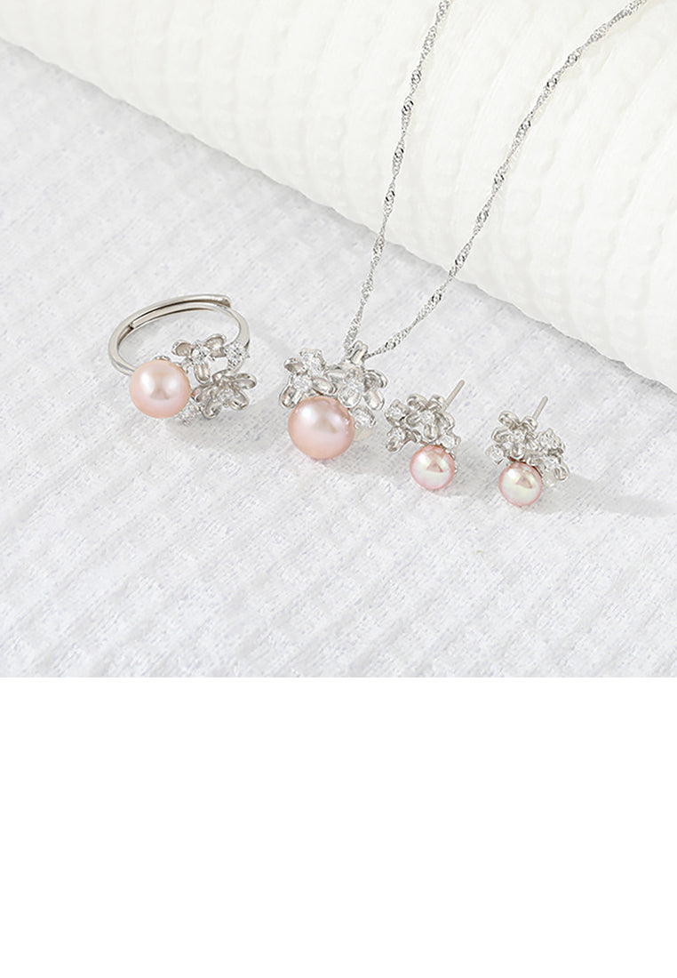 925 Sterling Silver Fashion and Elegant Flower Purple Freshwater Pearl Pendant with Cubic Zirconia and Necklace - Luxurious Look