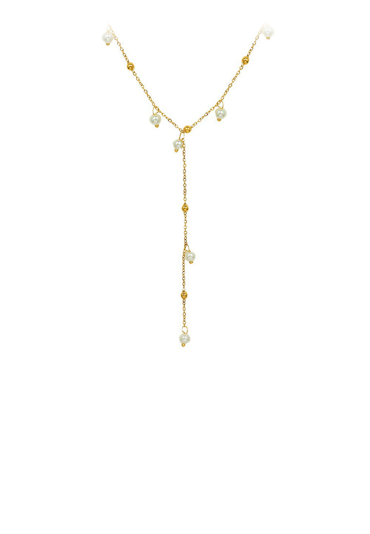 Fashion Simple Plated Gold 316L Stainless Steel Geometric Round Bead Imitation Pearl Tassel Pendant with Necklace - Luxurious Look