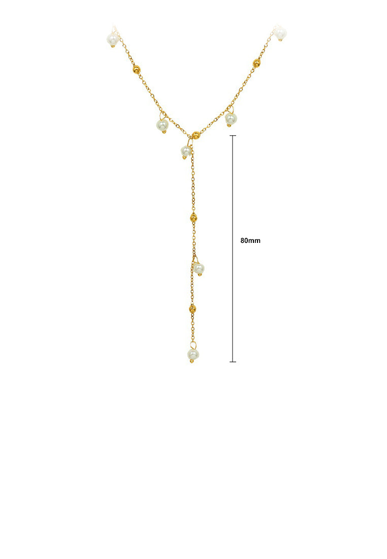 Fashion Simple Plated Gold 316L Stainless Steel Geometric Round Bead Imitation Pearl Tassel Pendant with Necklace - Luxurious Look