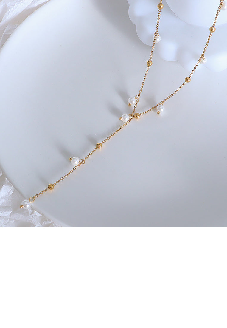 Fashion Simple Plated Gold 316L Stainless Steel Geometric Round Bead Imitation Pearl Tassel Pendant with Necklace - Luxurious Look