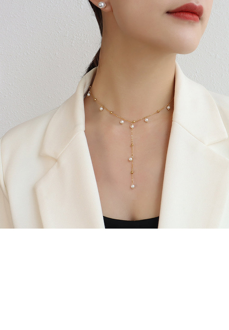 Fashion Simple Plated Gold 316L Stainless Steel Geometric Round Bead Imitation Pearl Tassel Pendant with Necklace - Luxurious Look