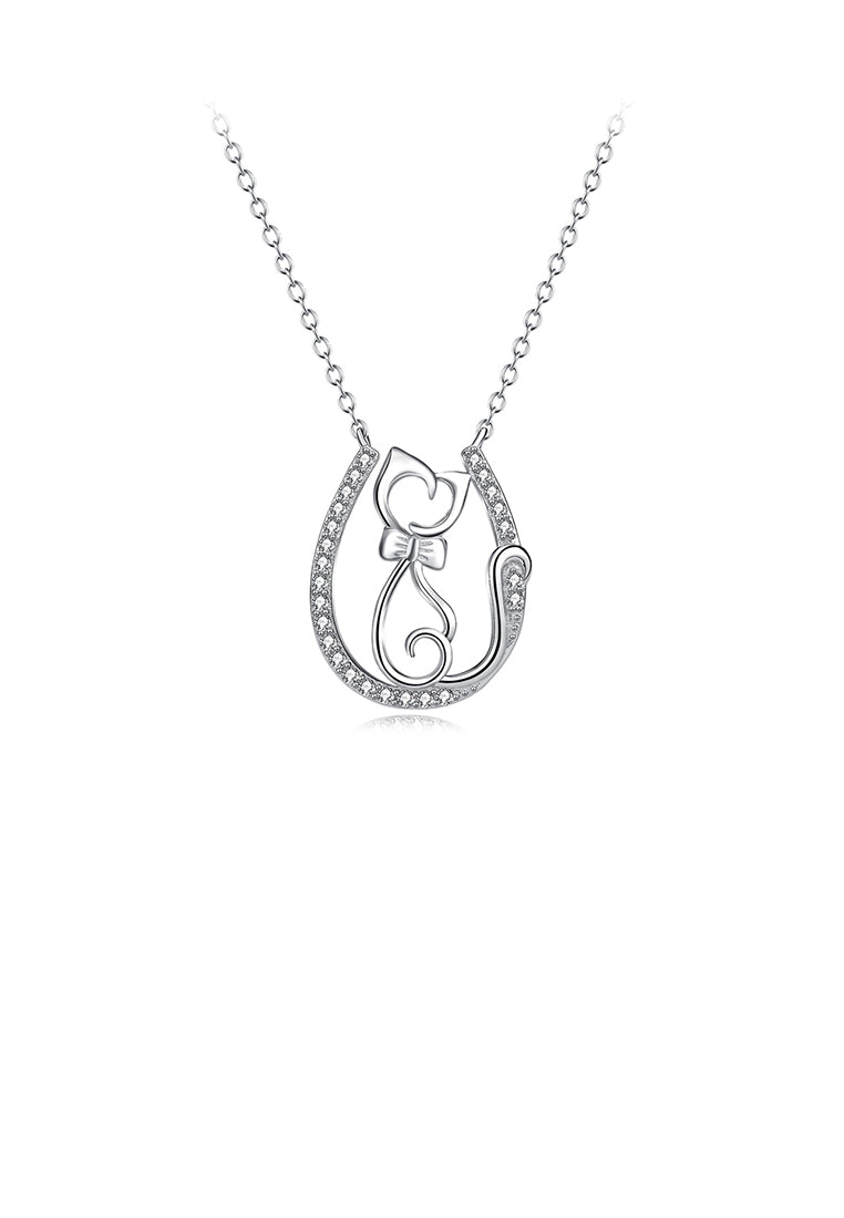 925 Sterling Silver Simple Cute Cat Geometric Pendant with Cubic Zirconia and Necklace - Luxurious Look