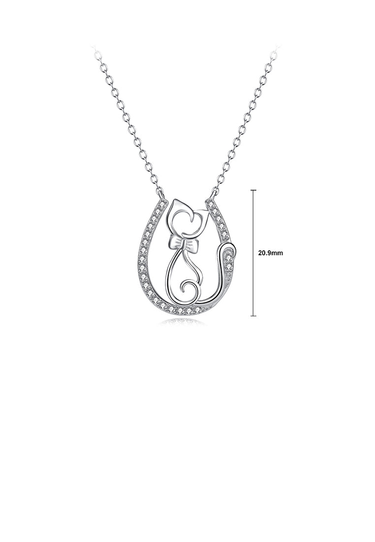 925 Sterling Silver Simple Cute Cat Geometric Pendant with Cubic Zirconia and Necklace - Luxurious Look