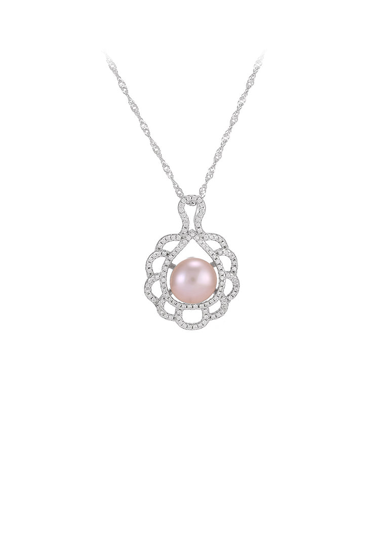 925 Sterling Silver Elegant Vintage Pattern Purple Freshwater Pearl Pendant with Cubic Zirconia and Necklace - Luxurious Look