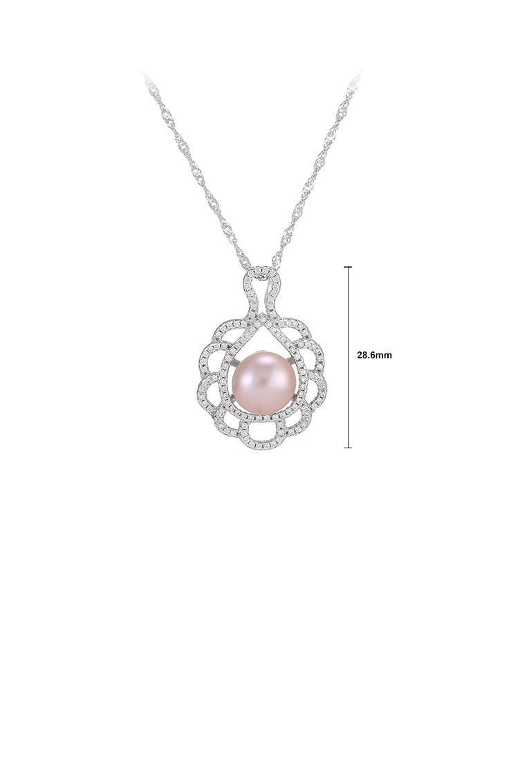 925 Sterling Silver Elegant Vintage Pattern Purple Freshwater Pearl Pendant with Cubic Zirconia and Necklace - Luxurious Look
