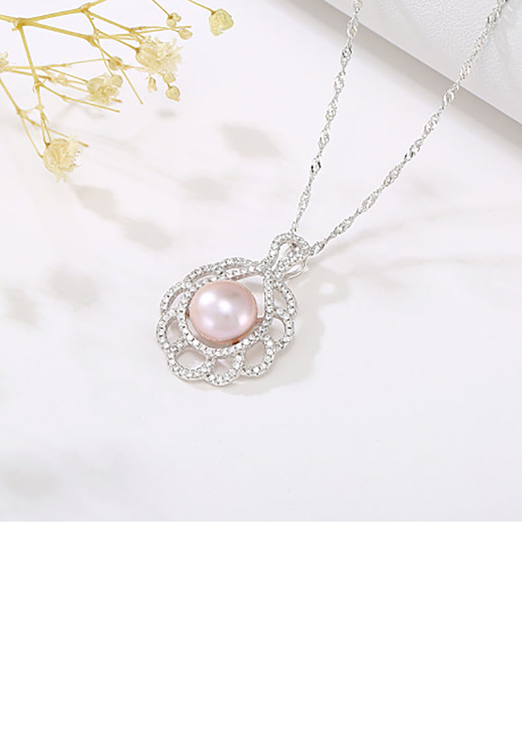 925 Sterling Silver Elegant Vintage Pattern Purple Freshwater Pearl Pendant with Cubic Zirconia and Necklace - Luxurious Look