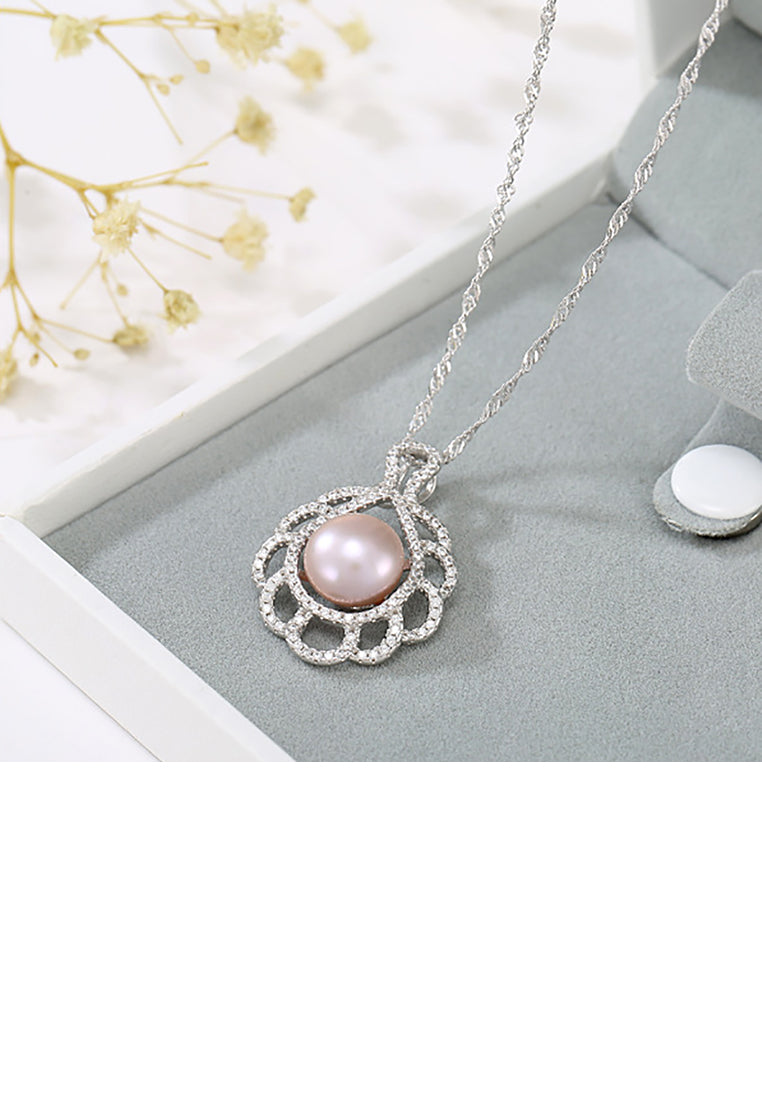 925 Sterling Silver Elegant Vintage Pattern Purple Freshwater Pearl Pendant with Cubic Zirconia and Necklace - Luxurious Look