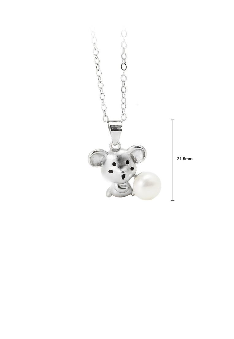925 Sterling Silver Fashion Cute Mouse Freshwater Pearl Pendant with Necklace - Luxurious Look