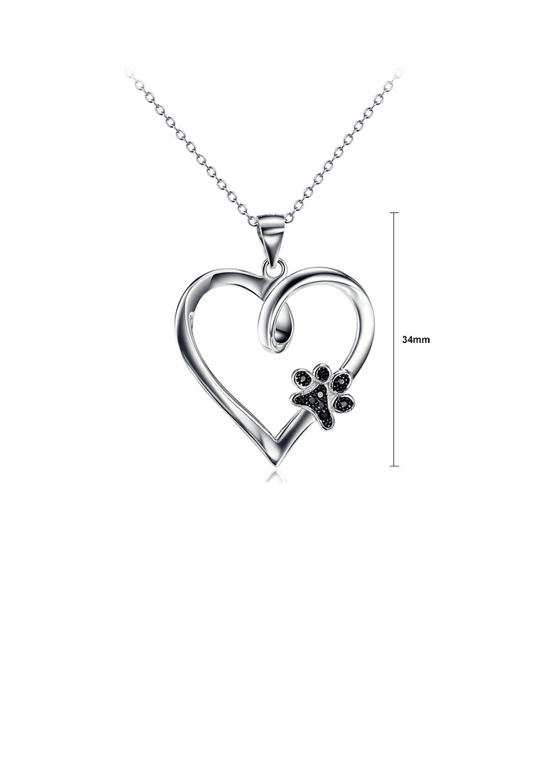 925 Sterling Silver Simple and Cute Dog Paw Print Heart Pendant with Black Cubic Zirconia and Necklace - Luxurious Look