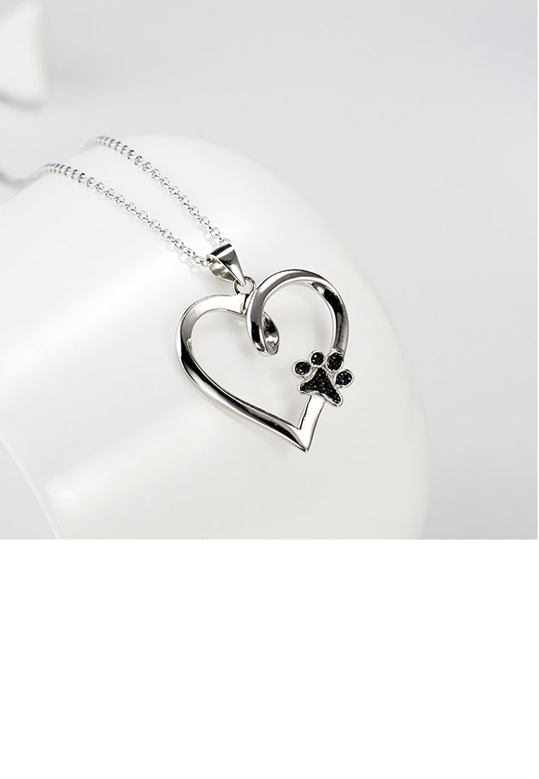 925 Sterling Silver Simple and Cute Dog Paw Print Heart Pendant with Black Cubic Zirconia and Necklace - Luxurious Look