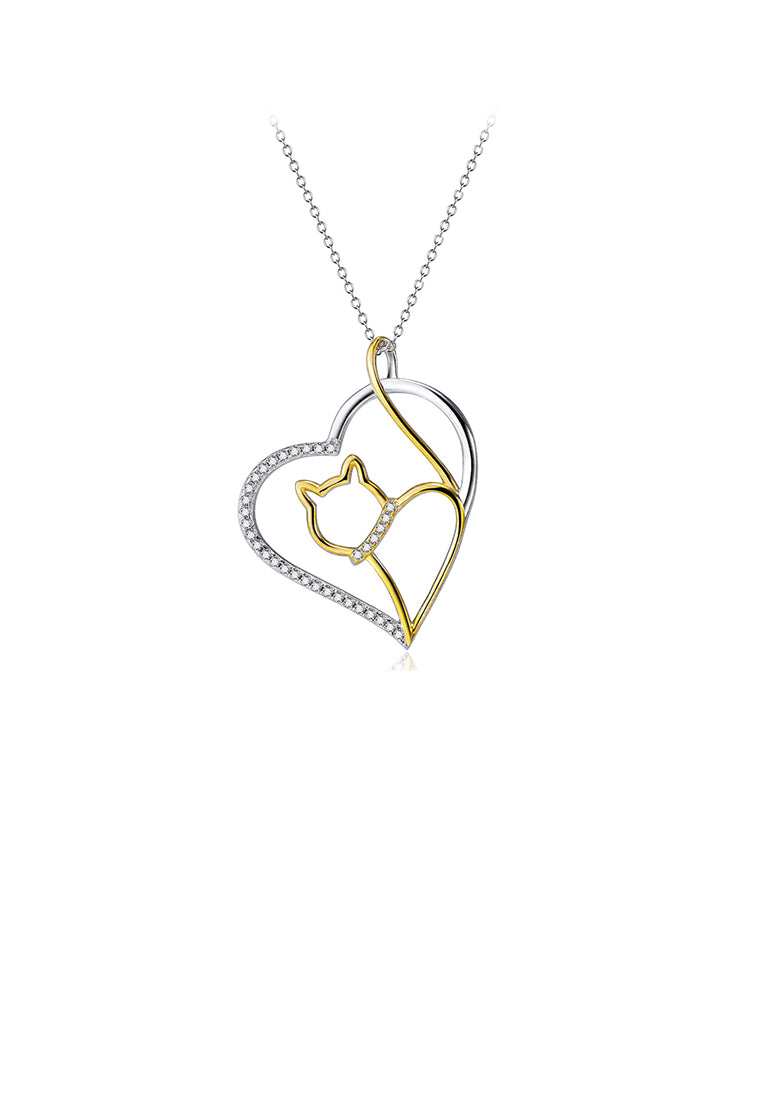 925 Sterling Silver Fashion Cute Golden Cat Heart Pendant with Cubic Zirconia and Necklace - Luxurious Look