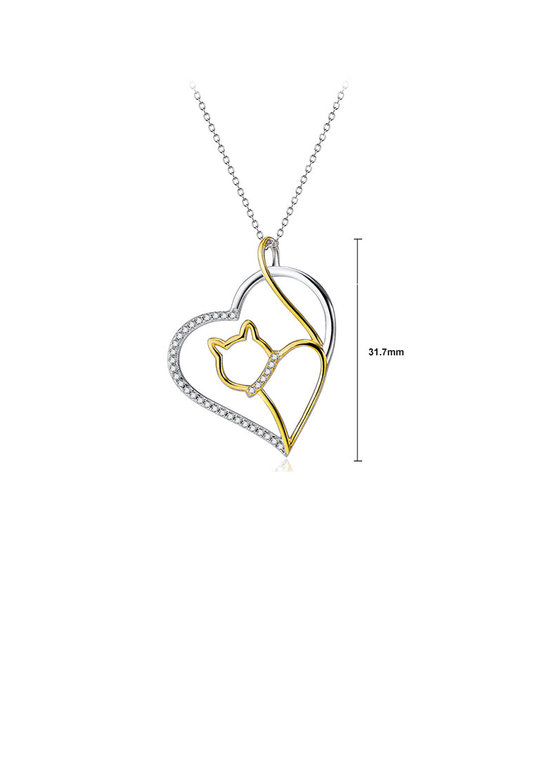 925 Sterling Silver Fashion Cute Golden Cat Heart Pendant with Cubic Zirconia and Necklace - Luxurious Look