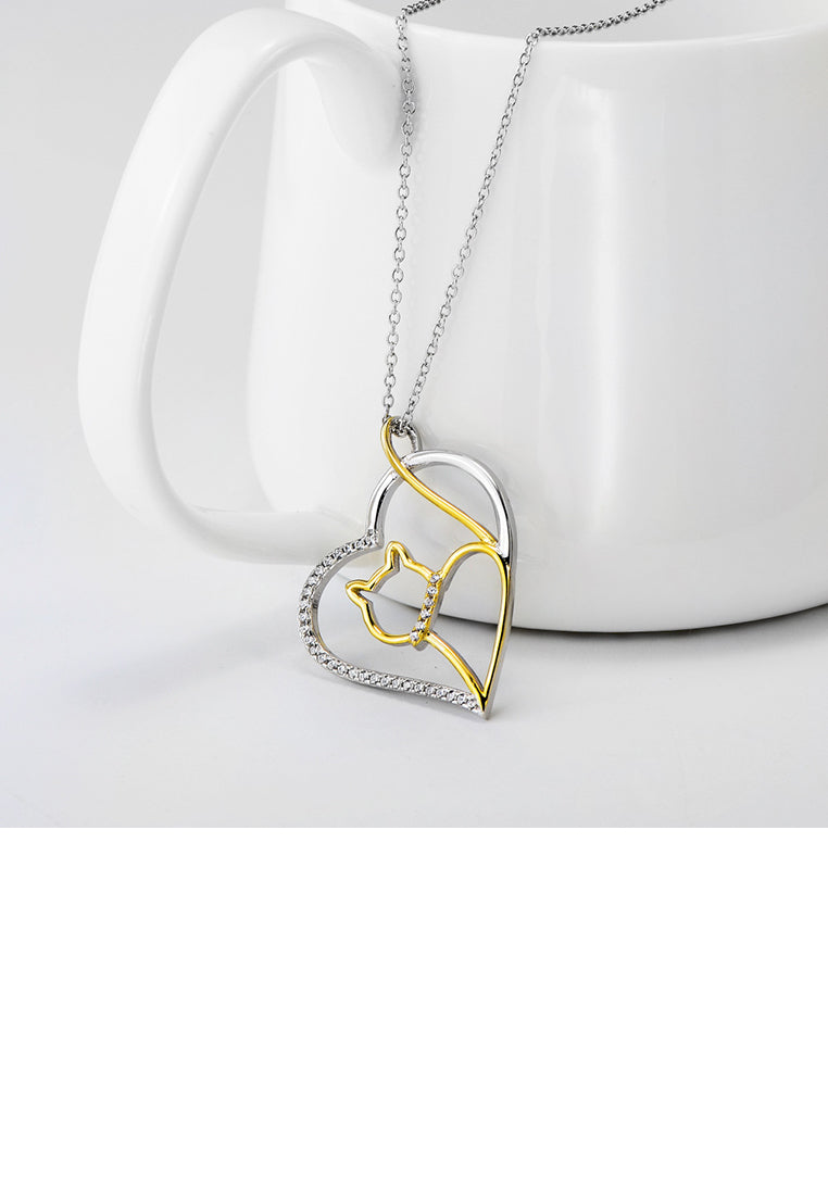 925 Sterling Silver Fashion Cute Golden Cat Heart Pendant with Cubic Zirconia and Necklace - Luxurious Look