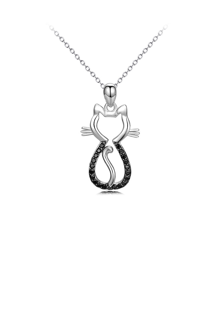 925 Sterling Silver Fashion Cute Cat Pendant with Black Cubic Zirconia and Necklace - Luxurious Look