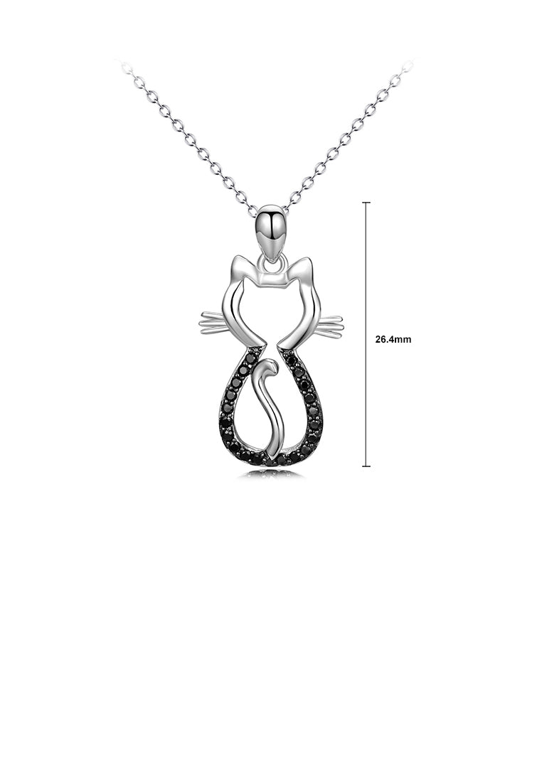 925 Sterling Silver Fashion Cute Cat Pendant with Black Cubic Zirconia and Necklace - Luxurious Look