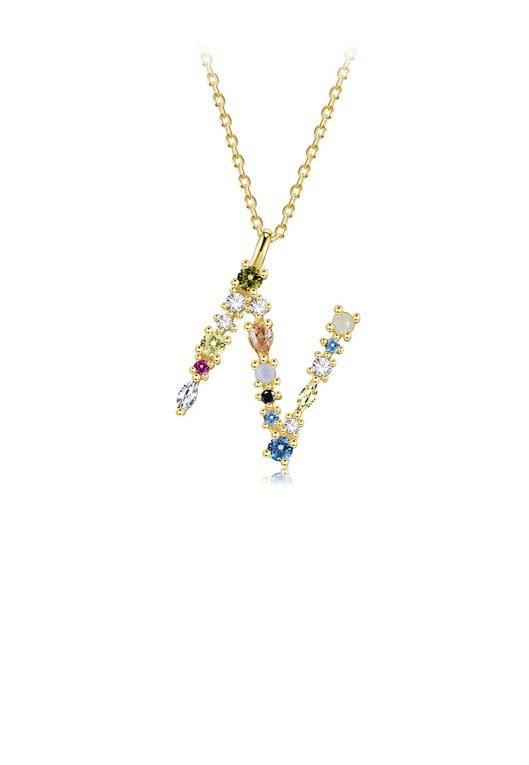 925 Sterling Silver Plated Gold Fashion Simple Color English Alphabet N Pendant with Cubic Zirconia and Necklace - Luxurious Look