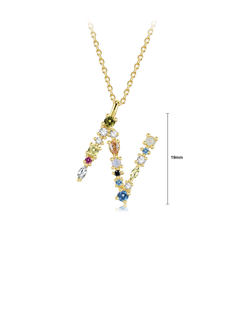925 Sterling Silver Plated Gold Fashion Simple Color English Alphabet N Pendant with Cubic Zirconia and Necklace - Luxurious Look