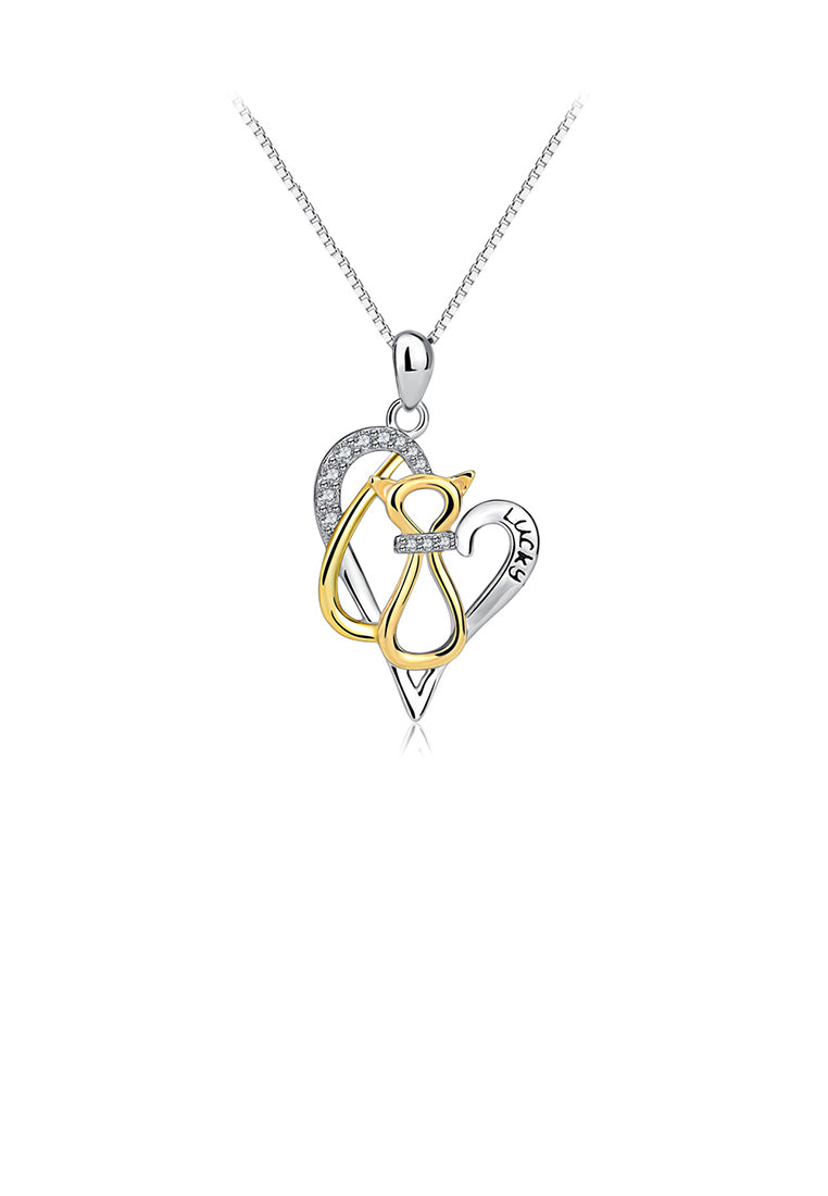 925 Sterling Silver Simple and Cute Golden Cat Heart Pendant with Cubic Zirconia and Necklace - Luxurious Look