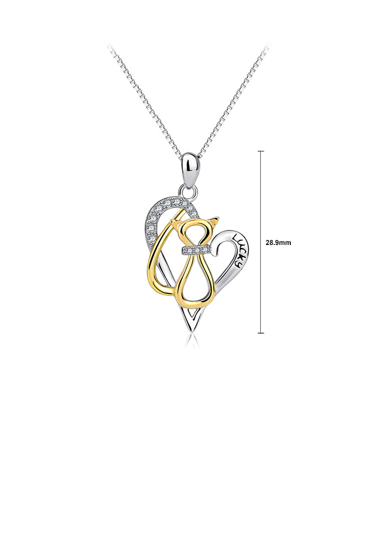 925 Sterling Silver Simple and Cute Golden Cat Heart Pendant with Cubic Zirconia and Necklace - Luxurious Look