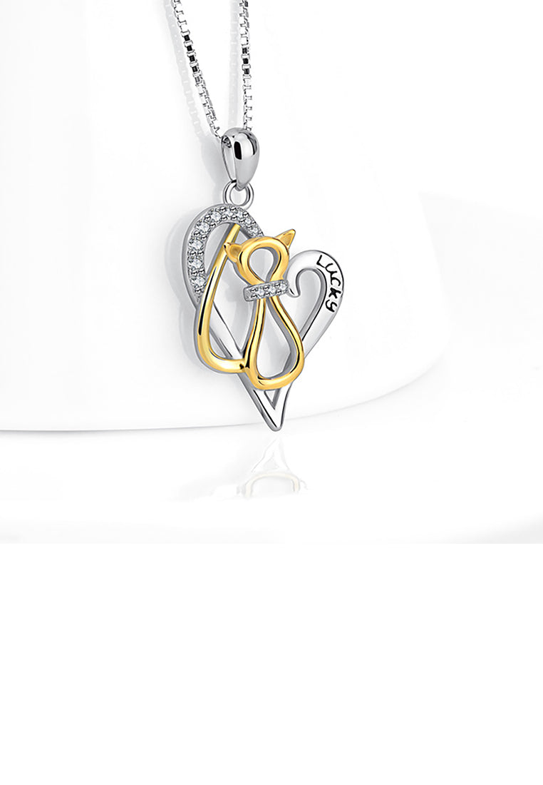 925 Sterling Silver Simple and Cute Golden Cat Heart Pendant with Cubic Zirconia and Necklace - Luxurious Look