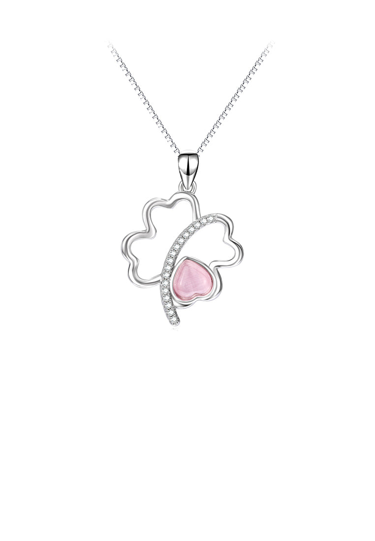 925 Sterling Silver Fashion Simple Four-leaf Clover Heart-shaped Imitation Opal Pendant with Cubic Zirconia and Necklace - Luxurious Look