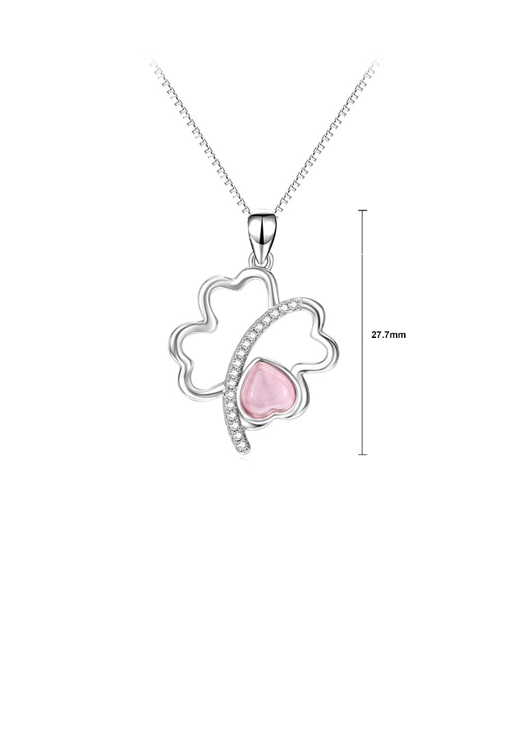 925 Sterling Silver Fashion Simple Four-leaf Clover Heart-shaped Imitation Opal Pendant with Cubic Zirconia and Necklace - Luxurious Look
