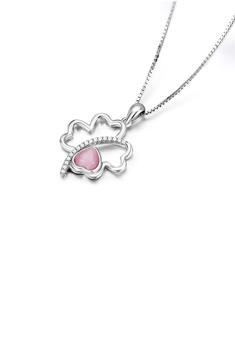 925 Sterling Silver Fashion Simple Four-leaf Clover Heart-shaped Imitation Opal Pendant with Cubic Zirconia and Necklace - Luxurious Look