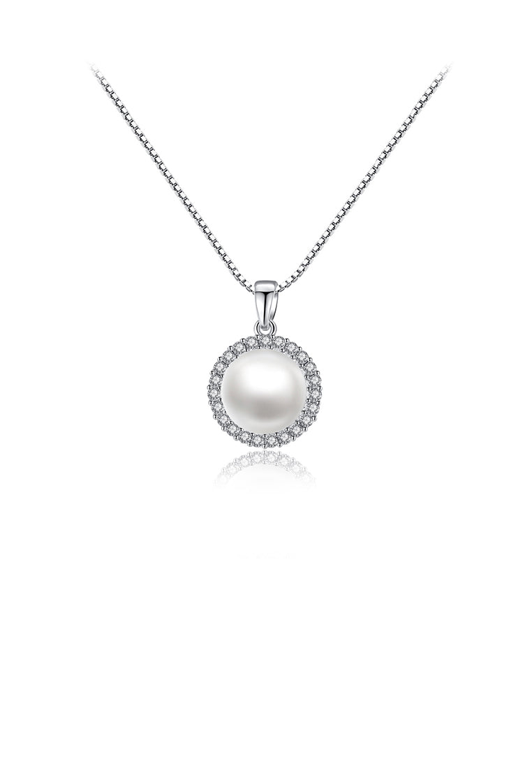 Fashion and Elegant Geometric Round Imitation Pearl Pendant with Cubic Zirconia and Necklace - Luxurious Look