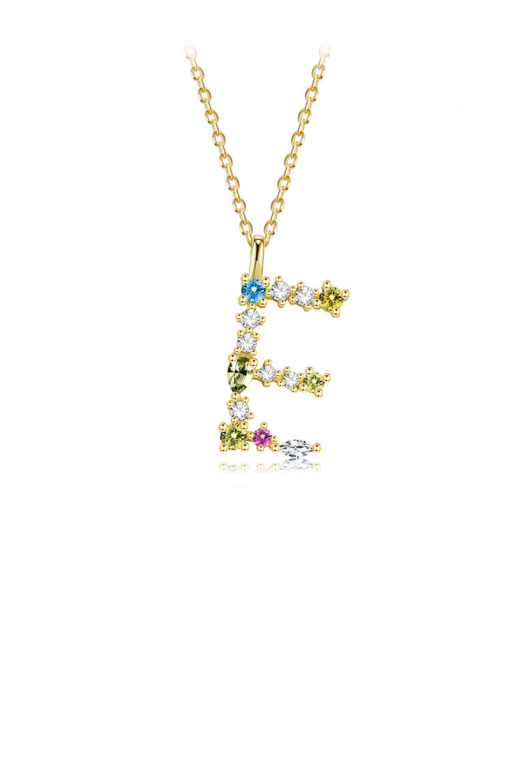 925 Sterling Silver Plated Gold Fashion Simple Color English Alphabet E Pendant with Cubic Zirconia and Necklace - Luxurious Look