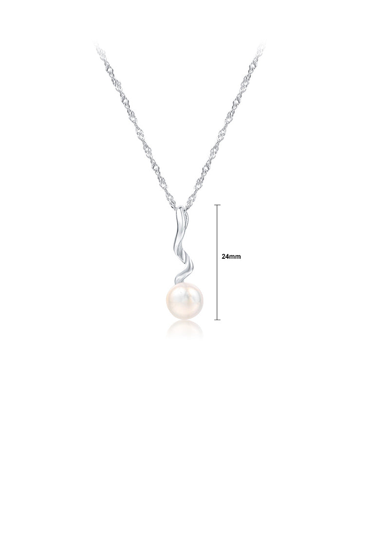 925 Sterling Silver Simple Temperament Geometric Ripple White Freshwater Pearl Pendant with Necklace - Luxurious Look