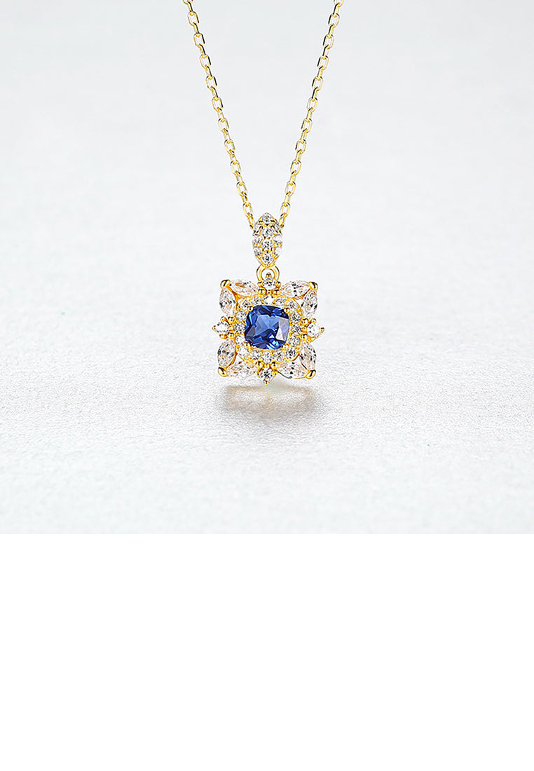 925 Sterling Silver Plated Gold Fashion Bright Geometric Pattern Pendant with Cubic Zirconia and Necklace - Luxurious Look