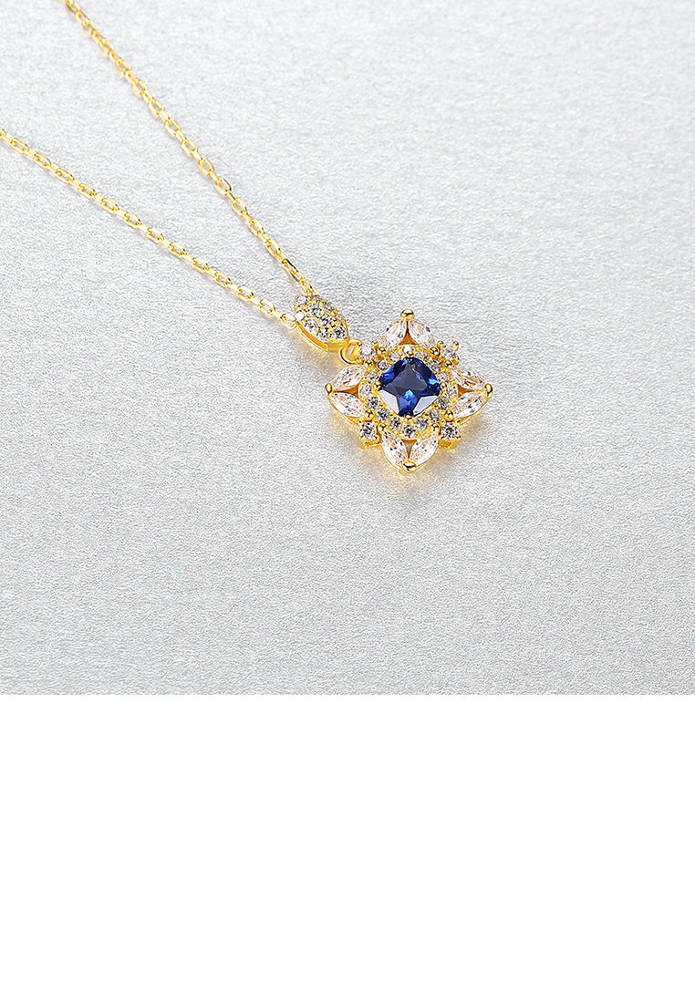 925 Sterling Silver Plated Gold Fashion Bright Geometric Pattern Pendant with Cubic Zirconia and Necklace - Luxurious Look