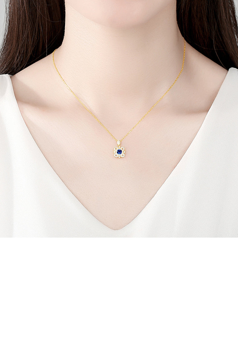 925 Sterling Silver Plated Gold Fashion Bright Geometric Pattern Pendant with Cubic Zirconia and Necklace - Luxurious Look