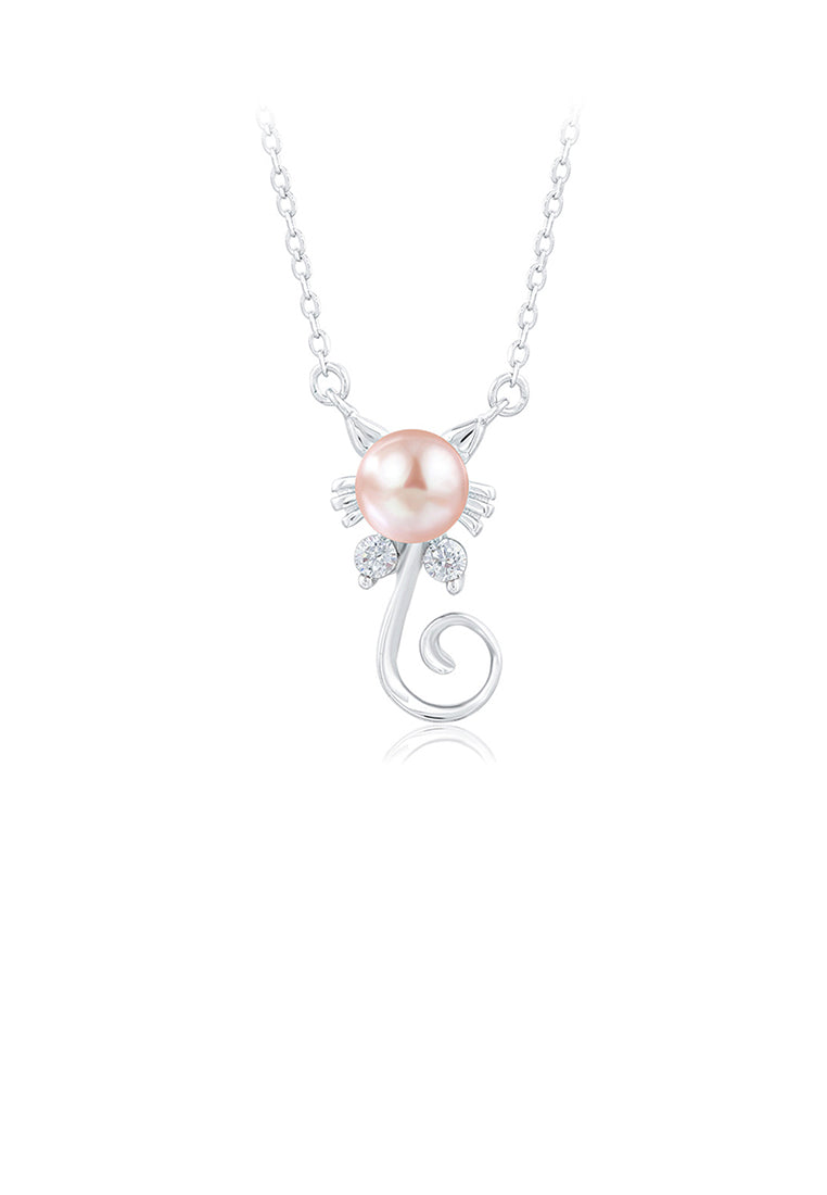 925 Sterling Silver Simple Cute Cat Purple Freshwater Pearl Pendant with Cubic Zirconia and Necklace - Luxurious Look