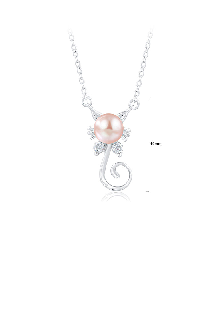925 Sterling Silver Simple Cute Cat Purple Freshwater Pearl Pendant with Cubic Zirconia and Necklace - Luxurious Look