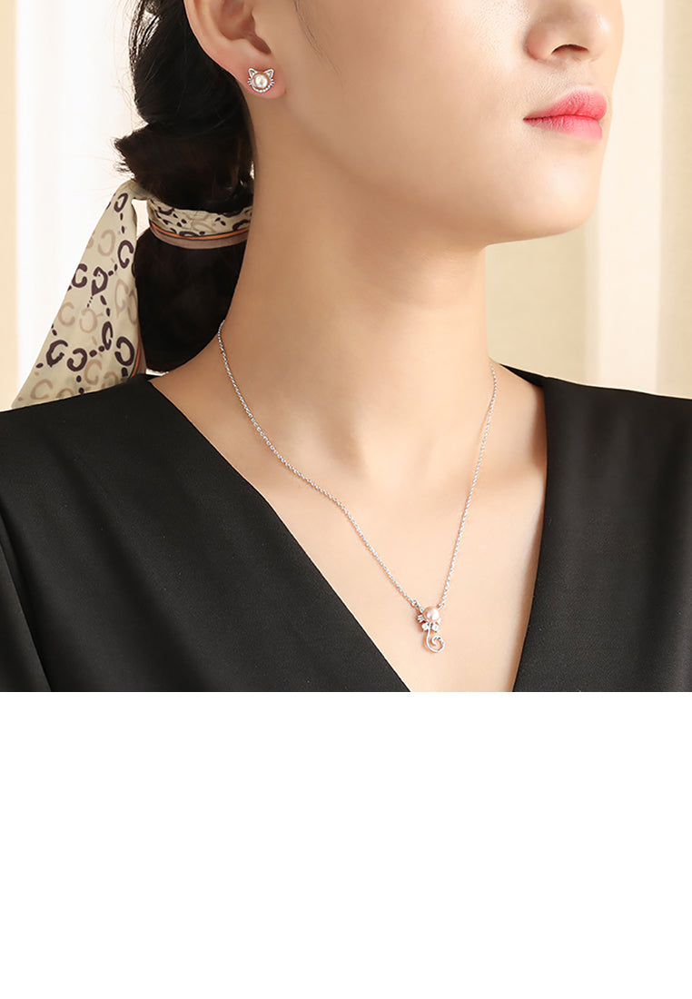 925 Sterling Silver Simple Cute Cat Purple Freshwater Pearl Pendant with Cubic Zirconia and Necklace - Luxurious Look