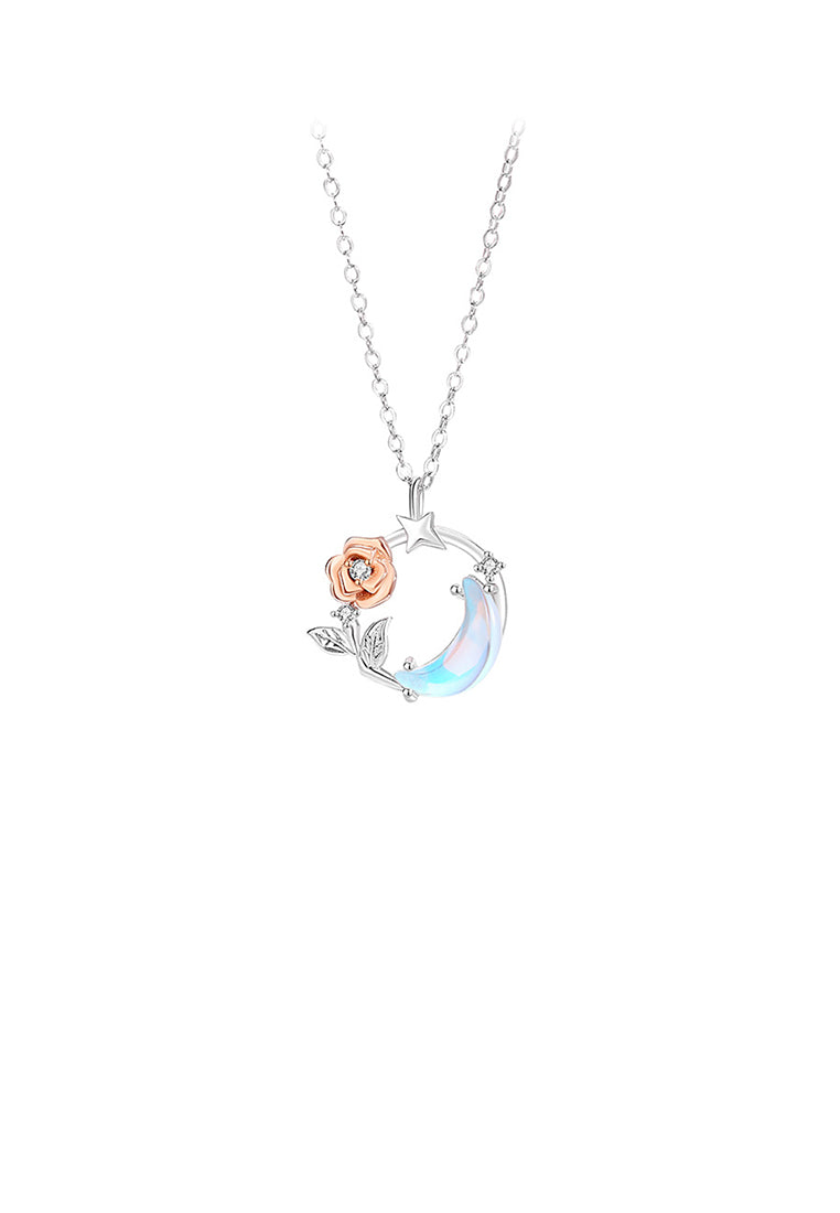 925 Sterling Silver Fashion Simple Rose Moon Moonstone Pendant with Necklace
