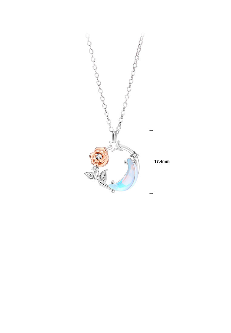925 Sterling Silver Fashion Simple Rose Moon Moonstone Pendant with Necklace