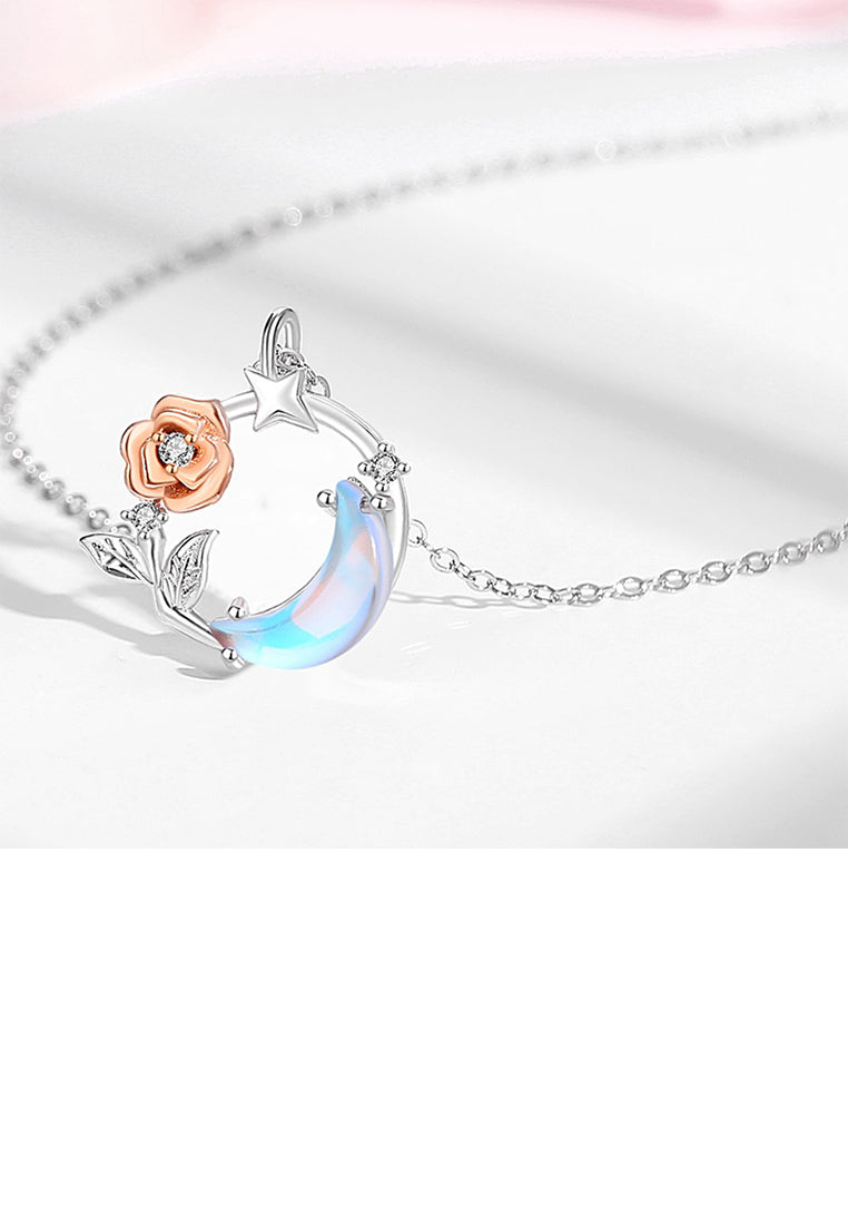 925 Sterling Silver Fashion Simple Rose Moon Moonstone Pendant with Necklace