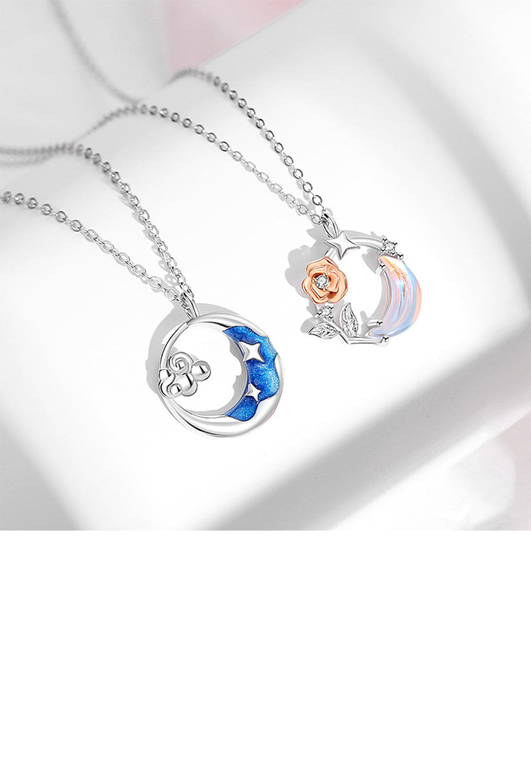 925 Sterling Silver Fashion Simple Rose Moon Moonstone Pendant with Necklace