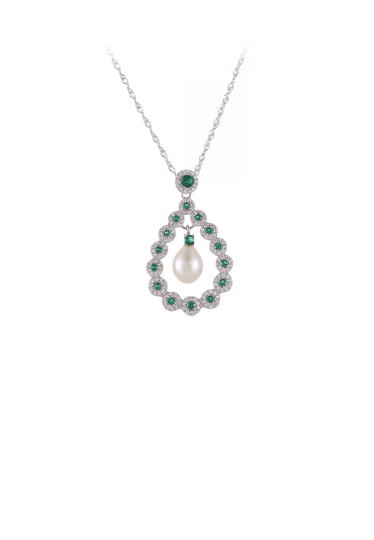 925 Sterling Silver Fashion and Elegant Water Drop-shaped Freshwater Pearl Pendant with Green Cubic Zirconia and Necklace - Luxurious Look