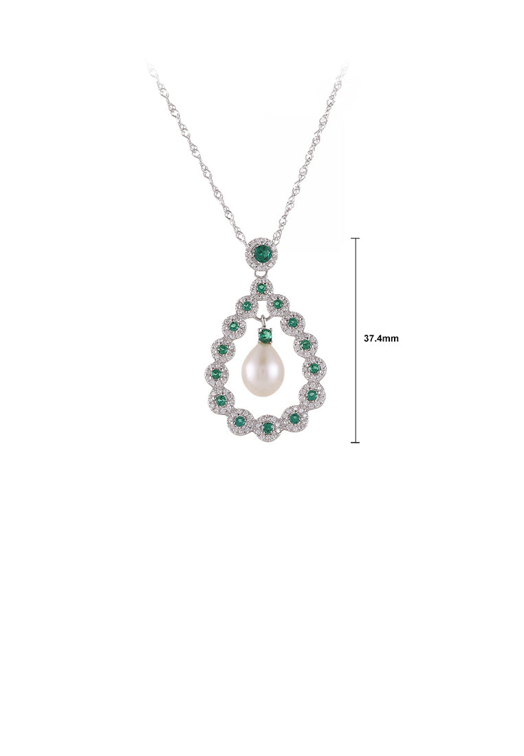 925 Sterling Silver Fashion and Elegant Water Drop-shaped Freshwater Pearl Pendant with Green Cubic Zirconia and Necklace - Luxurious Look