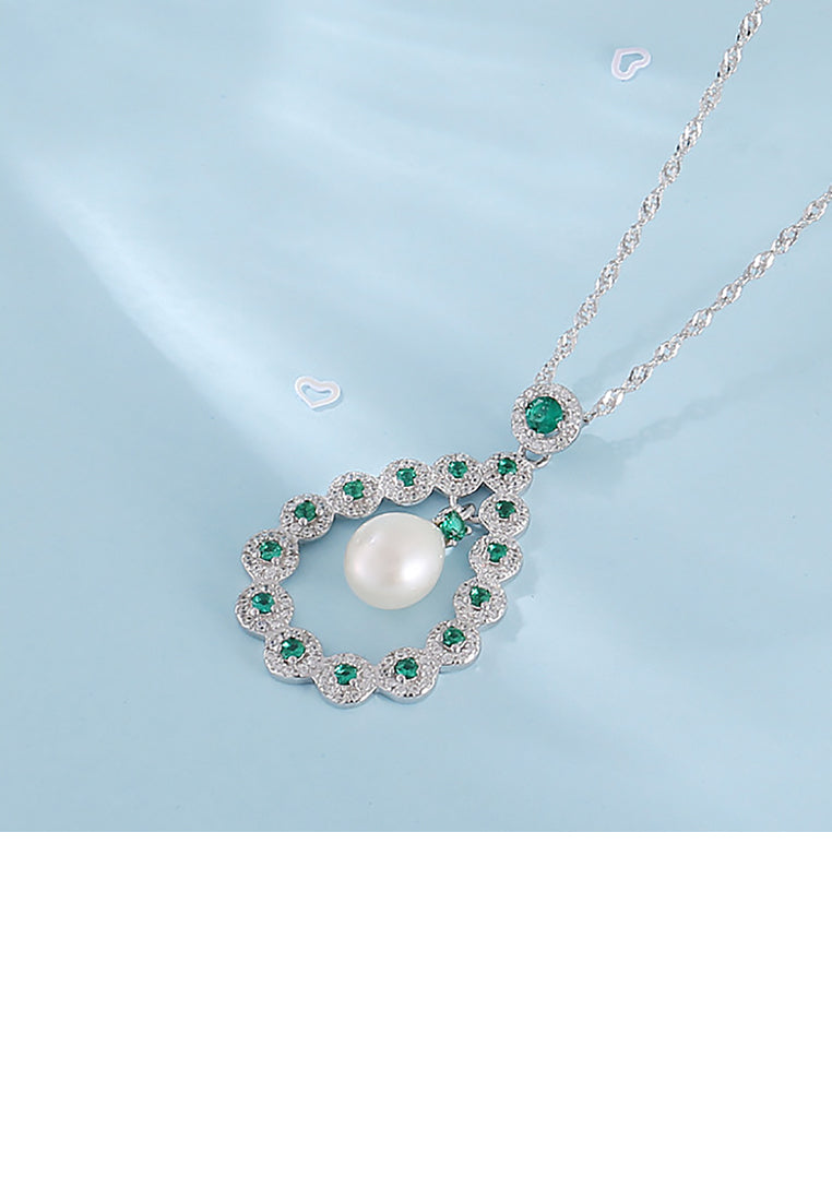 925 Sterling Silver Fashion and Elegant Water Drop-shaped Freshwater Pearl Pendant with Green Cubic Zirconia and Necklace - Luxurious Look
