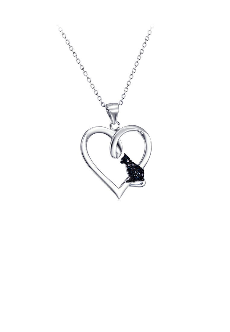 925 Sterling Silver Fashion Simple Black Cat Heart Pendant with Cubic Zirconia and Necklace - Luxurious Look