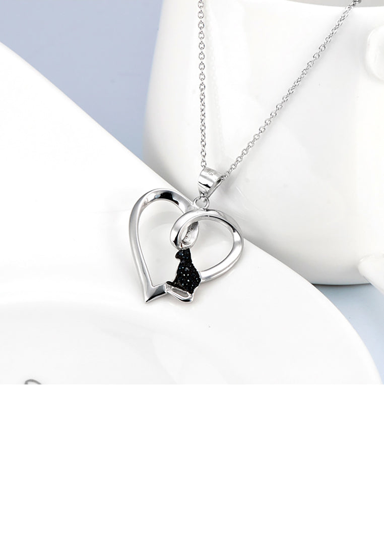 925 Sterling Silver Fashion Simple Black Cat Heart Pendant with Cubic Zirconia and Necklace - Luxurious Look