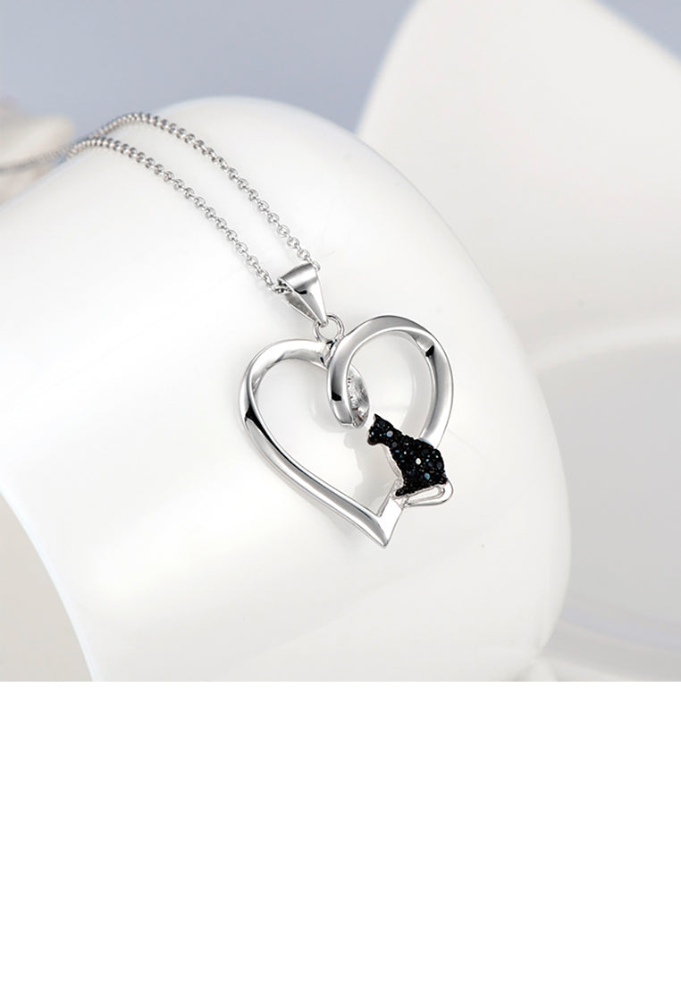 925 Sterling Silver Fashion Simple Black Cat Heart Pendant with Cubic Zirconia and Necklace - Luxurious Look