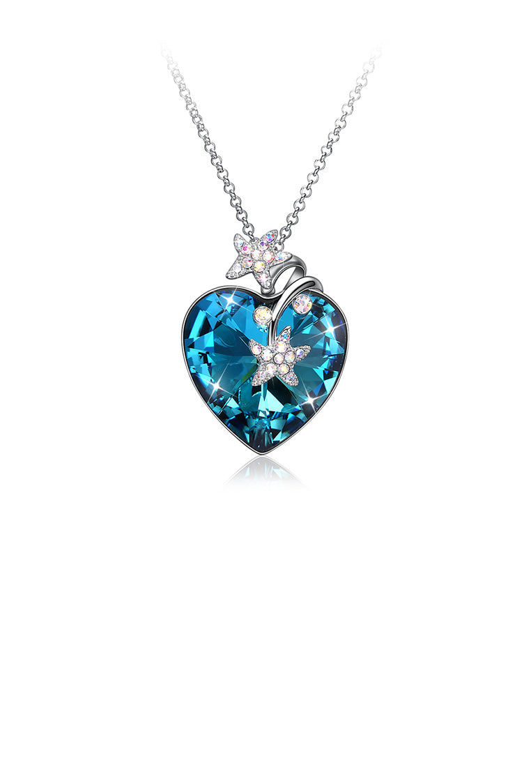 925 Sterling Silver Fashion Star Heart Pendant with Blue Austrian Element Crystal and Long Necklace