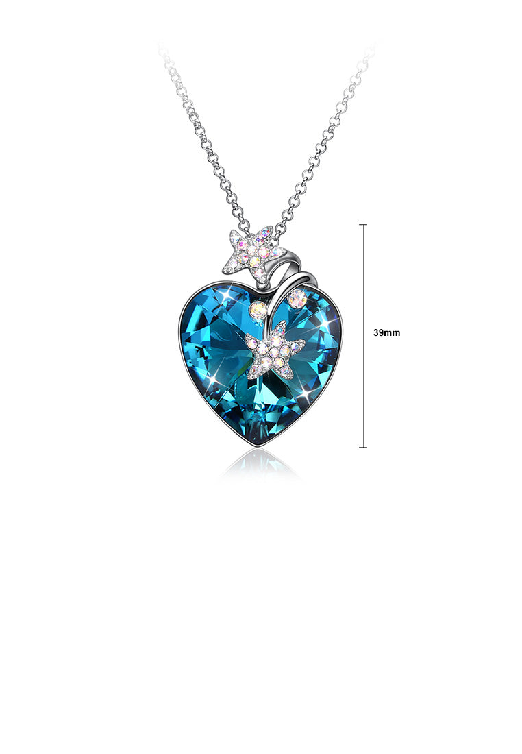 925 Sterling Silver Fashion Star Heart Pendant with Blue Austrian Element Crystal and Long Necklace